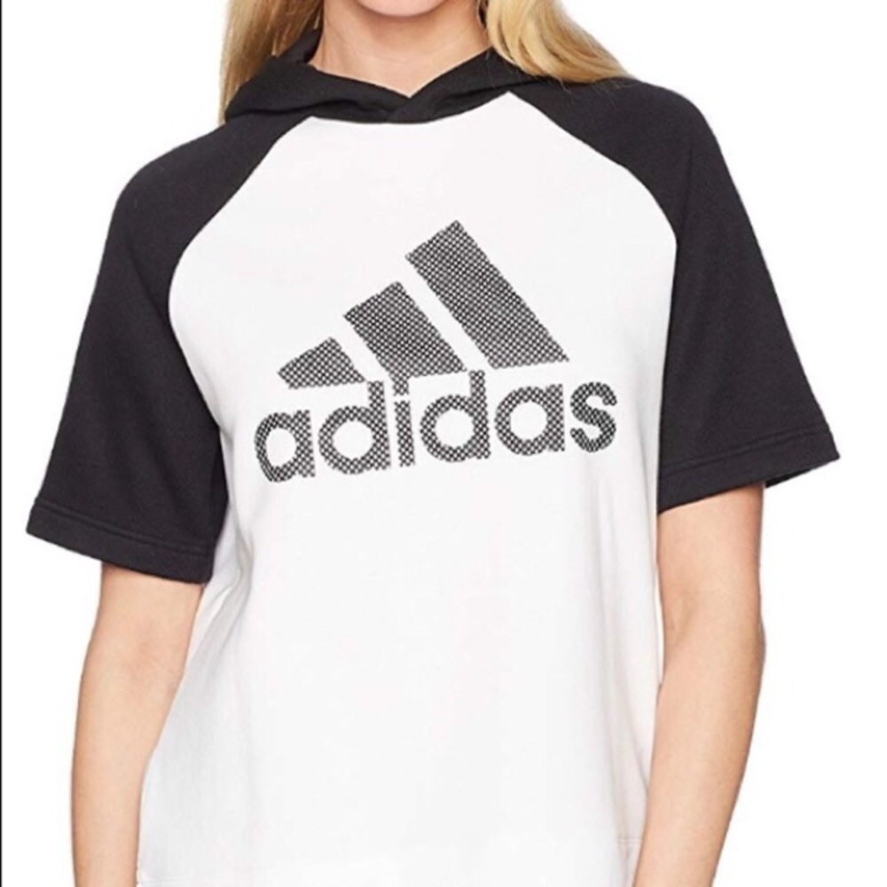 adidas NWT Women's Short Sleeve Classic Black & White Hooded Sweatshirt Sz S Gym